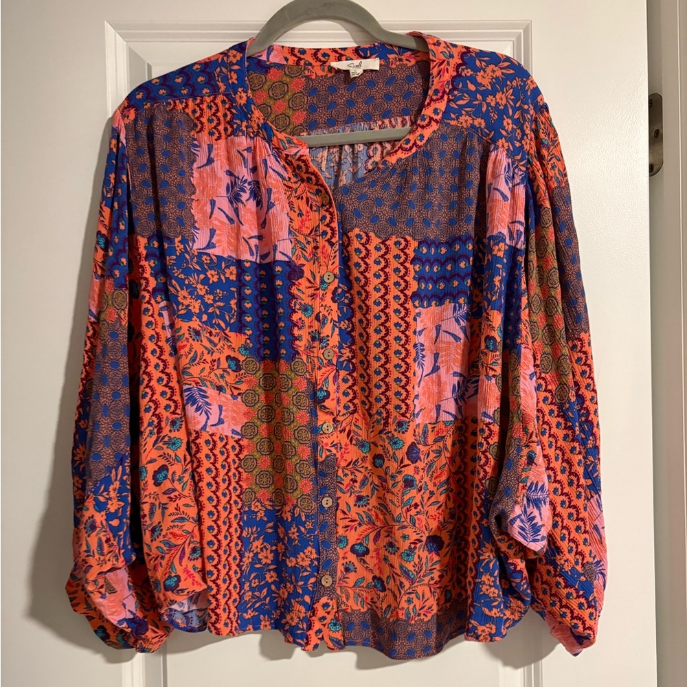 Coral Blue Patchwork Button Down Top Size Large - image 1